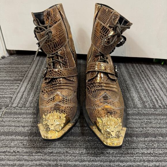 Aomi Shoes Snakeskin Western Gothic Boots w/ Gold Dragon Toe & Buckle Straps Men
